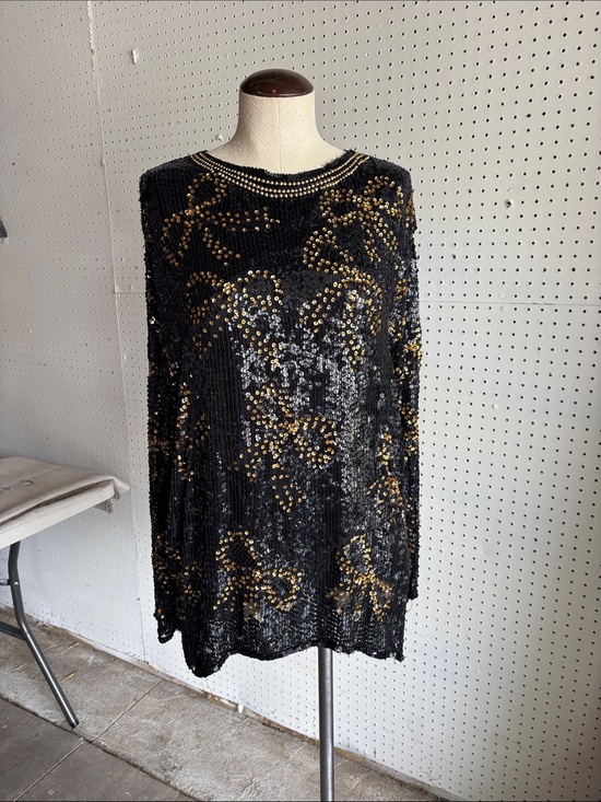 Vintage Tops - Vintage Black Sequin Blouse with Gold Stud Detailing